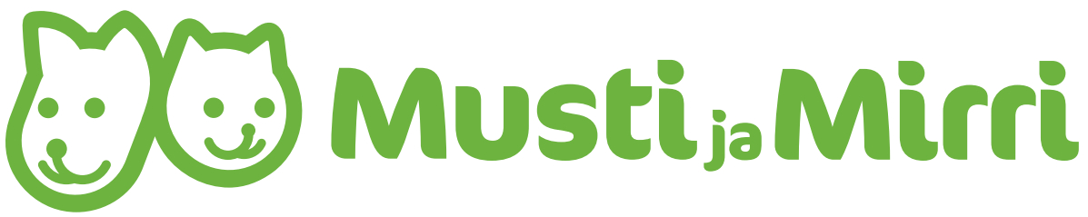 Musti ja Mirri liikkeen logo, jossa piirros kissan ja koiran kasvoista sekä liikkeen nimi